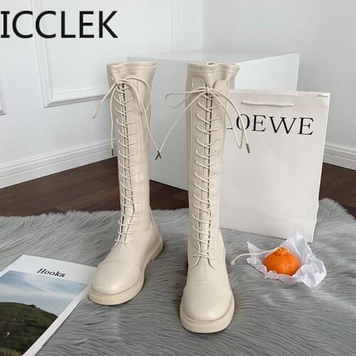2021 Womens Lace Up Knee High Boots British Pu Leather Thick Bottom Platform Boots Woman Non Slip Motorcycle Booties