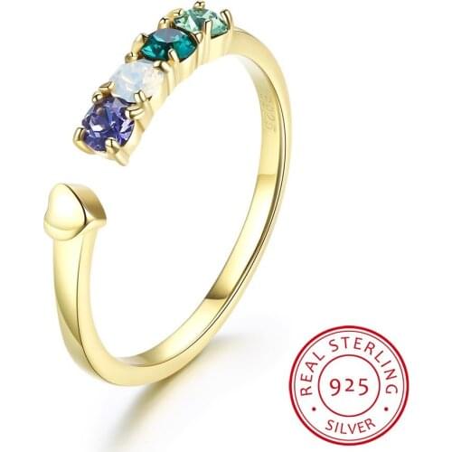 LEKANI Colorful Beads Crystals Open Rings Resizable Gold Color Real S925 Silver Jewelry For Women Wedding
