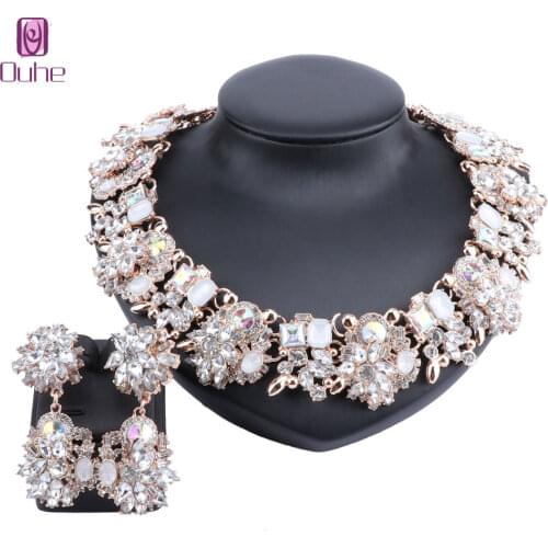 Women Vintage Chunky Chain Choker Collar Bib Statement Crystal Rhinestone Necklace Earring Bridal Costume Jewelry Set
