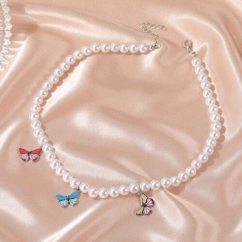 1pc Faux Pearl Decor Necklace Fake Pearl Choker Butterfly Pendant Necklace For Women Girls Party Dress Up Jewelry Accessories