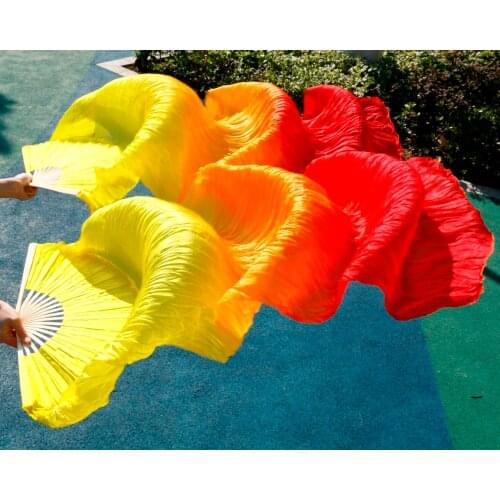 2018 female high quality Chinese silk veils dance fans Pair of belly dancing fans cheap hot sale Yellow +orange+Red