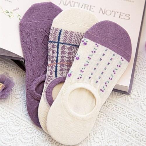3Pairs Caramella Womens Cotton Invisible No show Socks Non-slip Summer Crape Myrtle Pattern Silicone Cute Thin Ankle Boat Socks