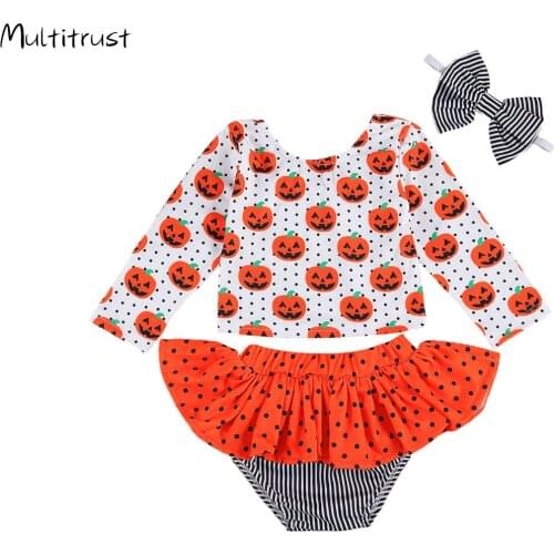 Baby Halloween Clothes Set with Pumpkin Pattern Toddler Girls Long Sleeve O-neck Tops + Short Skirt + Bowknot Headdress 3pcs