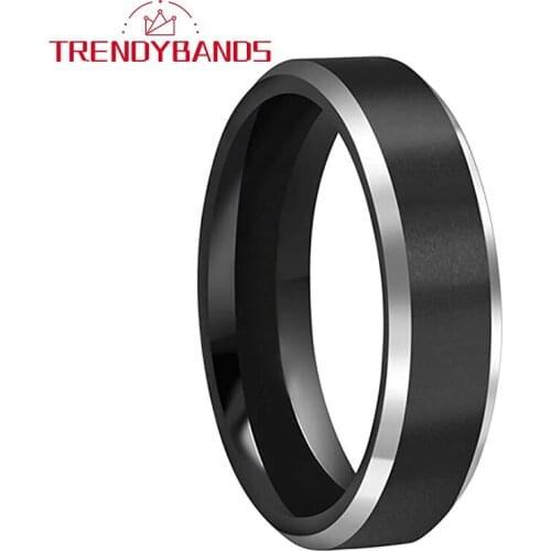 6MM Black Mens Tungsten Rings Womens Wedding Band Beveled Edges Matte Finish Comfort Fit