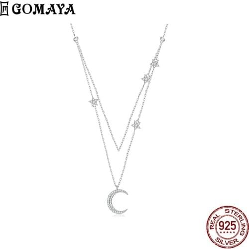 GOMAYA Double Chain 925 Sterling Silver Necklace For Women Inlay Full Zirconia Star And Crescent Moon Pendant Necklace Jewelry