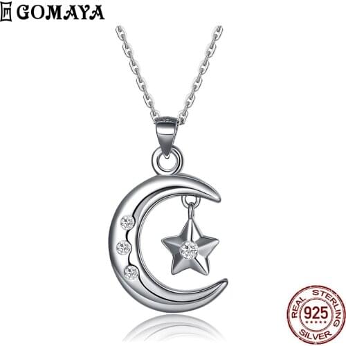 GOMAYA Moon Star Necklace Sterling Silver 925 Jewelry Fashion Circle Zircon Choker Necklaces For Women Engagement Wedding Gifts