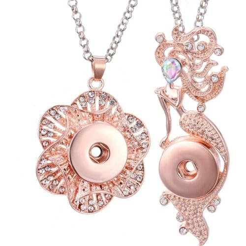 Hot Sale 18mm Snap Button Jewelry Necklaces DIY Rose Gold Silver Plated Flower Butterfly Mermaid Snap Button Pendant Necklace