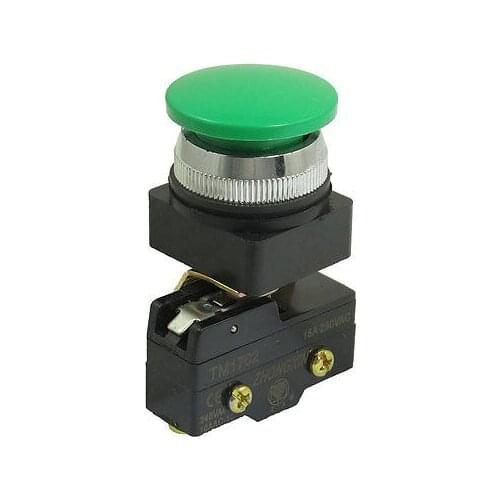 250VAC 15A SPST 1NO 1NC 30mm Thread Momentary Green Mushroom Head Micro Switch