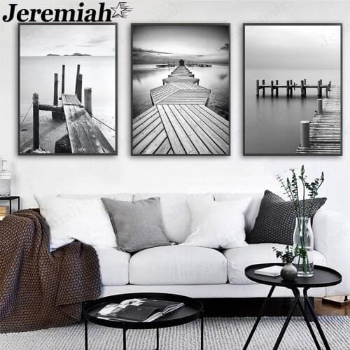 Minimalist Painting Grey Bridge Black and White Wall Art Canvas Painting Nordic Poster Landscape Wall Pictures for Living Room