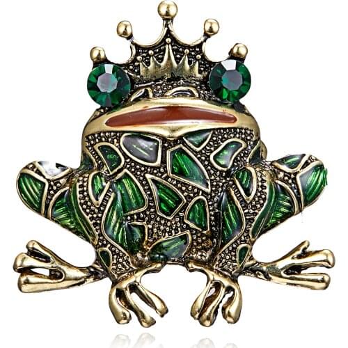 Men Vintage Frog king prince Brooches for women Green Crystal enamel brooch pins for party christmas pin