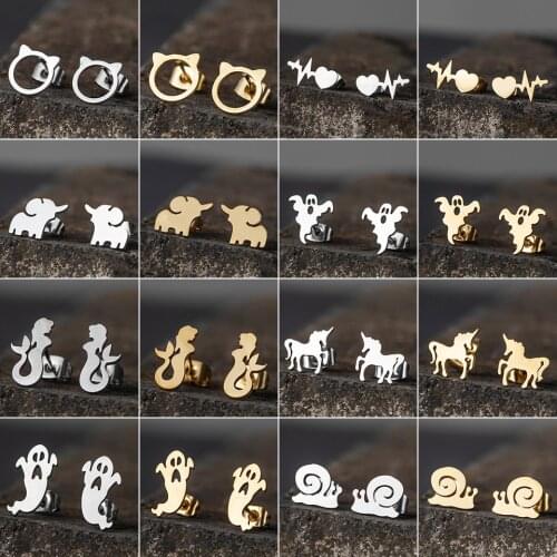 New fashion gothic Animal Heart Leaf Cat Flower Star stud earrings christmas gold Earrings for Women set Gift accessories 2019