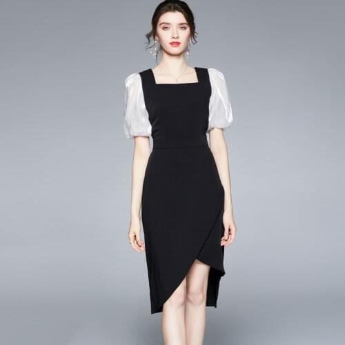 New Women Dress Summer 2021 Elegant Fashion Vintage Square Collar Puff Sleeve High-end Retro Slim Dress