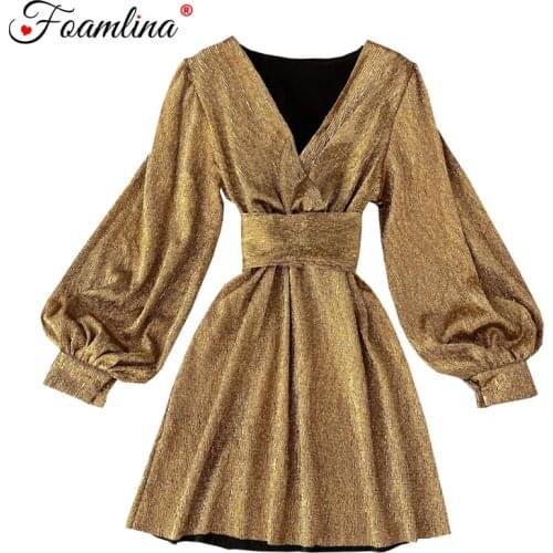 Foamlina 2019 Autumn Fashion Sexy Women V Neck Long Lantern Sleeve Golden Glitter Elegant Ladies Christmas Party Dress Vestidos