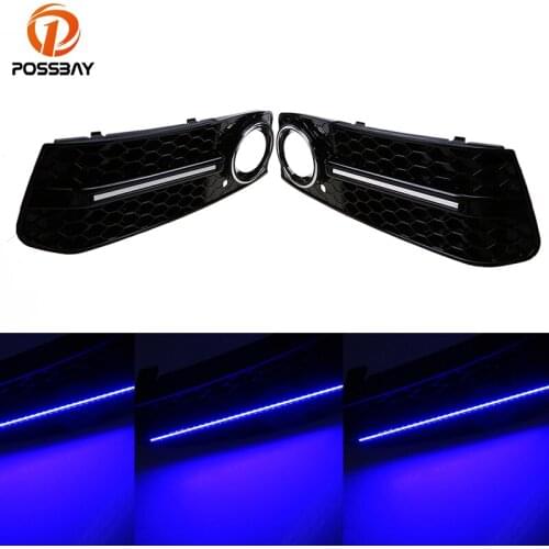 POSSBAY Front Car Fog Lights Cover Grilles Replacements for Audi A4 B8 2007-2011 Pre-facelift with Blue LED DRL Running Lights