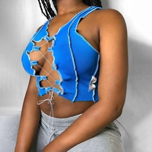 STYLISH LADY Lace Up Ribbed Tops 2020 Summer Women Sleeveless V Neck Patchwork Hollow Out Sexy Club Crop Tank Knitted Tops Tees