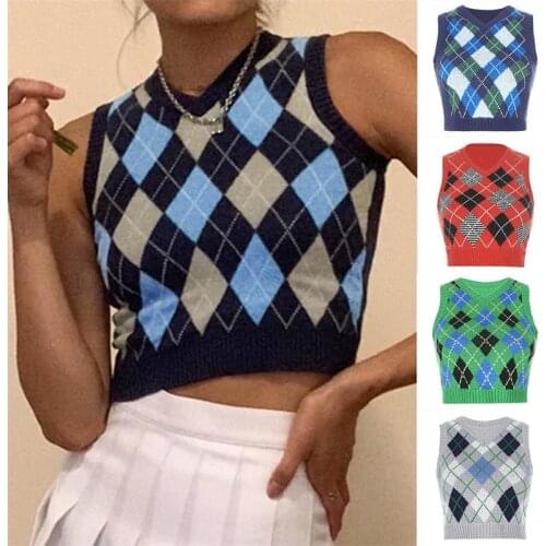 V-neck Vintage Sweater Vest Women Sleeveless Plaid Knitted Crop Sweaters Tank College Style Diamond Plaid Top for Daily Party
