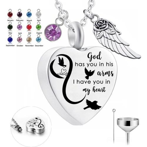 Angel Wing and Birthstone Charm Memorial Locket Pendant Stainless Steel Heart Cremation Urn Necklace for Ashes Design Jewelry