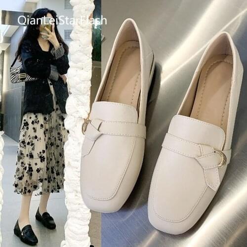 Women Loafers Sewing Low Heels Casual Shoes 2021 Spring Square Toe Slip on Flat Shoes Buckle Woman Flats Black Oxford Shoe