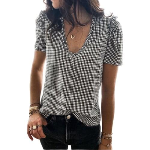 Sexy V Neck Ruffle Short Sleeve Plaid Blouse Tops Summer Fashion Women Streetwear Blusas Tops WDC7106