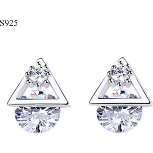 100% Real Pure Genuine Solid 925 Sterling Silver Stud Earrings Women Fine Jewelry Triangle Cubic Zircon Female Earrings Gift