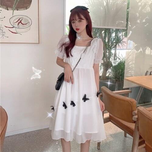 Japanese Sweet lolita dress Collar Flower Stitching Mesh Black Butterfly Short Sleeve High Waist Slim Dress Female Summer
