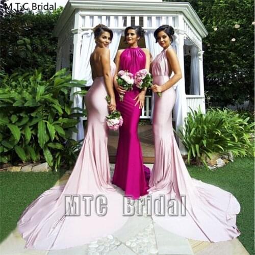 Fuchsia Long Train Sexy Evening Dress Backless Mermaid Silk Satin Women Formal Dresses Plus Size Wedding Party Gown Wholesale