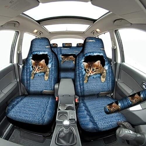 1 / 7pcs car seat cover full set of universal personalized denim cat pattern, suitable for most cars, trucks, SUVs