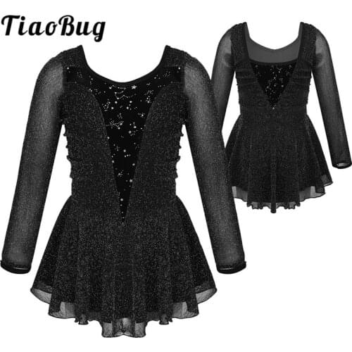 TiaoBug Kids Girls Shiny Long Sleeves Silver Glitters Ballet Gymnastics Leotard Performance Dance Costume Figure Skating Dress