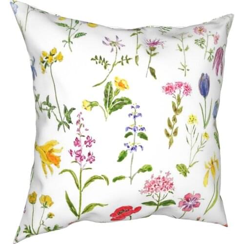 Botanical Colorful Countryside Wildflowers Watercolor Painting Throw Pillow All Sofa Aquaprint All Sofa Water Green Cushion Sofa
