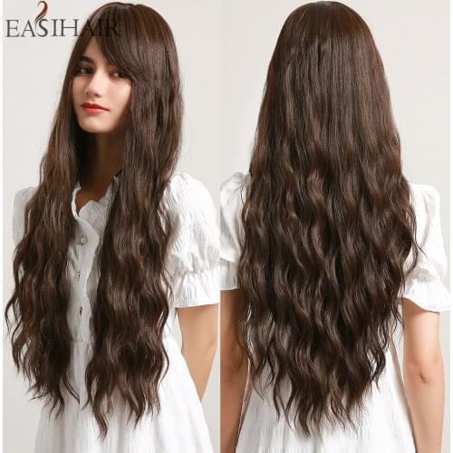 EASIHAIR Long Dark Brown Water Wave Synthetic Wigs for Women Natyral Hair Wigs with Said Bangs Daily Wigs Heat Resistant Cosplay
