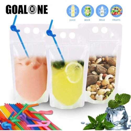 GOALONE 50Pcs Clear Drink Pouches Resealable Zipper Heavy Duty Drink Bag Hand-held Stand-up BPA Free Smoothie Pouches with Straw