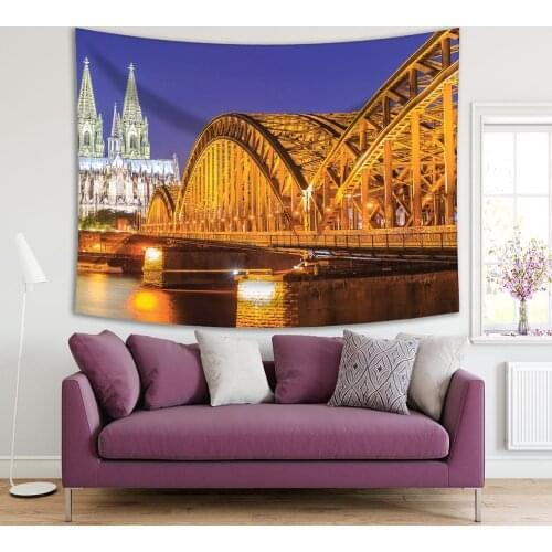 Tapestry Cologne Cathedral and Hohenzollern Bridge over the Rhine River, Cologne, Germany Navy Blue Gold