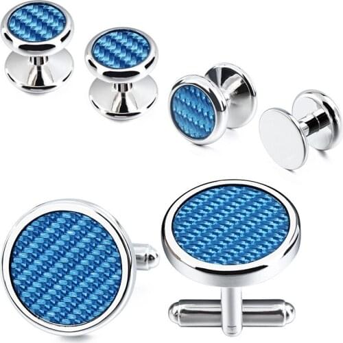 HAWSON Blue Carbon Fiber Cufflinks Wedding Ceremony Tuxedo Cufflinks Set For Groom with Luxury Box