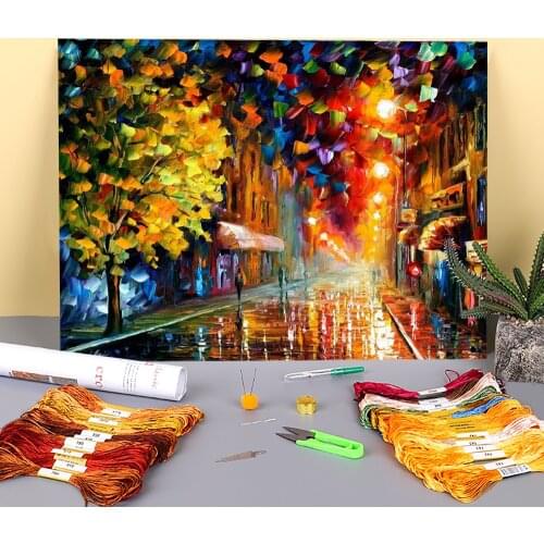 Happy Street Printed Canvas 11CT Cross-Stitch Embroidery Complete Kit DMC Threads Handiwork Painting Hobby Craft Design Mulina