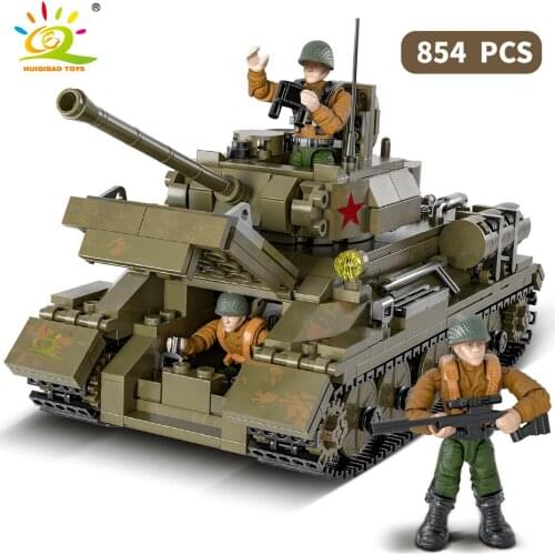 HUIQIBAO TOYS 854PCS Military T-34/85 Medium Tank Building Blocks For Children Army Weapon Bricks Set with 3 Soldier Kids Gift