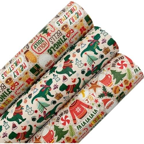 Christmas Tree Dinosaur Sweater Printed Synthetic Leather Faux Vinyl Fabric Sheets with Felt Backing For Bows Earrings DIY T572B