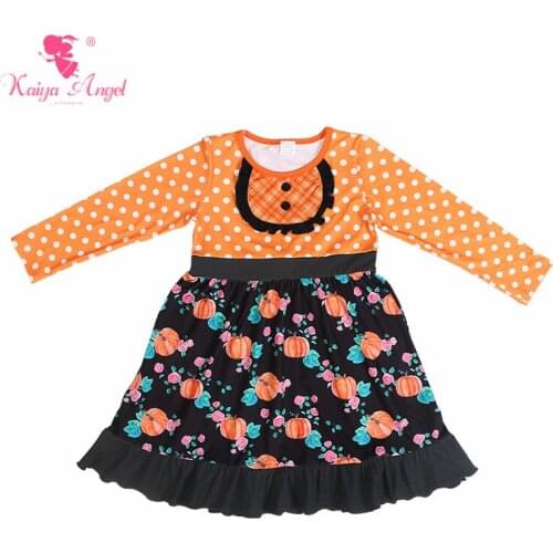 Kaiya Angel Halloween Toddler Girl Ruffles Long-sleeved Kids Princess Dresses Flower Pumpkin Orange Bottom White Dot Clothes