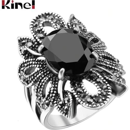 2017 Punk Rock Ring Jewelry Silver Color Ancient Ways Black Stones Hollow Out Female Personality Hipster Index Finger Rings