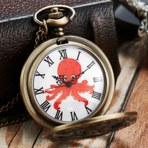 2020 Antique Bronze Octopus Hollow Quartz Pocket Watch Necklace Pendant FOB Chain Vintage Clock Unisex Gifts Relogio De Bolso