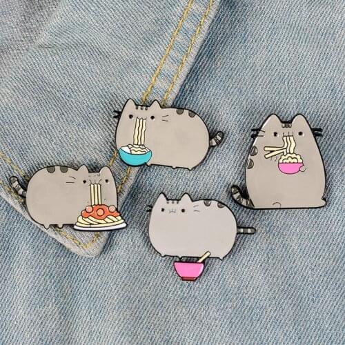 Cute Cartoon Badges Fat Cat Eating Noodles Brooches for Women Funny Enamel Pins Animal Jewelry Denim Jackets Collar Icons