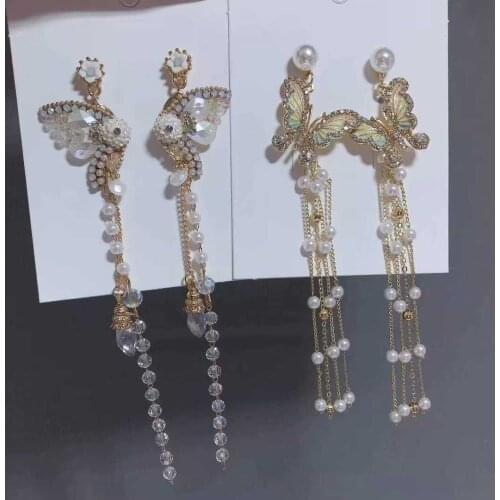 Pure hand-made long tasseled butterfly earrings with feminine fashion temperament, crystal earrings