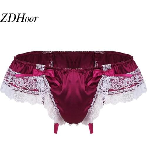 Mens Sissy Pouch Panties Shiny Soft Satin Lingerie Sexy Floral Lace Back Briefs Thongs with Bowknot Low Rise Bikini Underwear