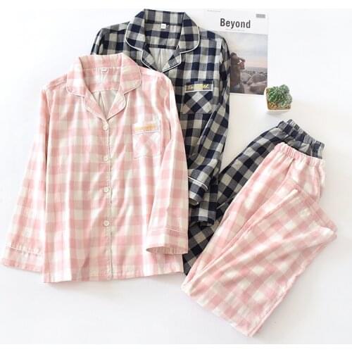 Spring and autumn cotton long-sleeved trousers couple lattice pajamas suit mens thin section home service suit women pajama set
