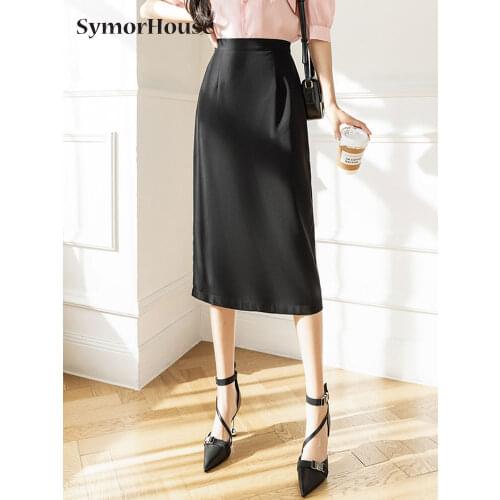 High Waist A-line Skirt Office Ladies Solid Color OL Leisure Slim Split 2021 Fashion Black Work Wear Skirts Womem
