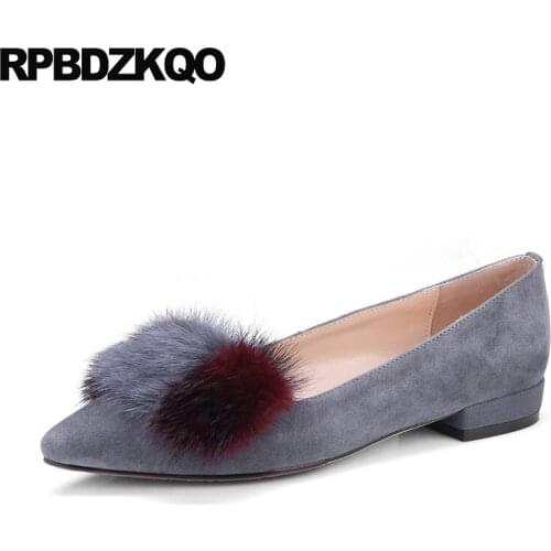 Suede Designer Pointed Toe Flats Fur Gray Women Dress Shoes Latest Green Spring Autumn Genuine Leather China Beautiful Pom Pom