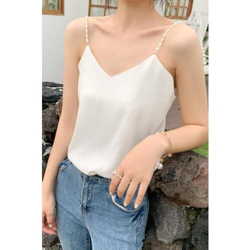 Casual V-Neck Sexy Solid Satin Woman Camis Tank Tops Render Chiffon Sleeveless pearl Camisole Top Halter Camis Tops