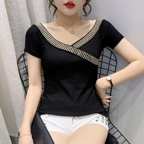 2021 summer Casual V-neck T-shirt Hot Rhinestone Short sleeve Top Women T Shirt Plus Size M-3XL
