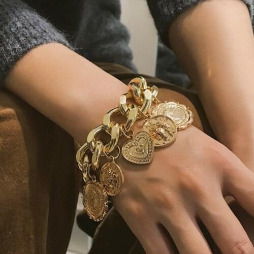 Punk Exaggerated Chain Coin Pendant Charm Bracelet Retro Hiphop Women Embossed Portrait Geometric Bracelet & Bangle