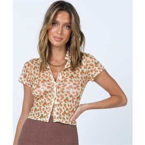 2021 Women Summer Crop Tops, Adults See-through Button Down Floral Short Sleeve Lapel Shirt