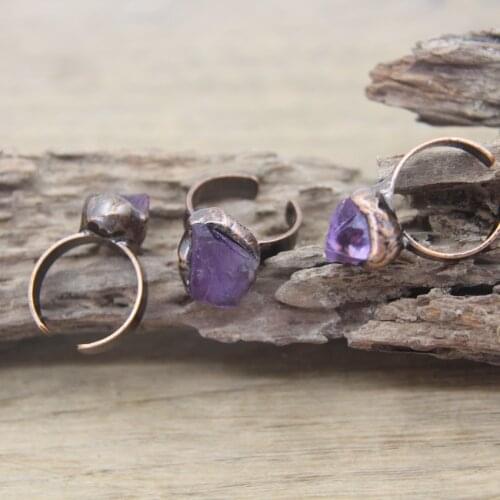 Raw Amethysts Antique Copper Rings Fashion Natural Purple Crystal Quartz Stone Adjustable Band Ring Jewelry Dropshipping,QC4005